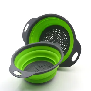 Foldable silicone kitchen colander set, round collapsible fruit and vegetable washing basket