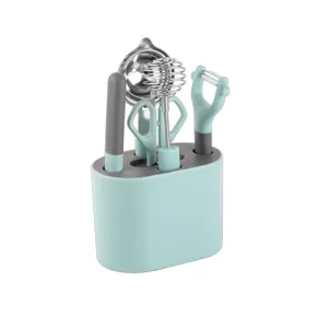 Juego de utensilios de cocina verde menta con soporte, pelador, batidor y tijeras para el hogar
