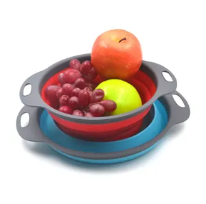 Collapsible kitchen plastic draining basket round fruit vegetable washing colander set stacked main