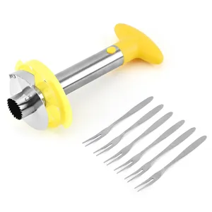 Stainless steel pineapple corer and slicer tool with six fruit forks for kitchen use.