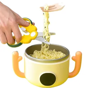 Stainless steel baby food scissors with safety lock, portable tool for cutting meat and noodles.