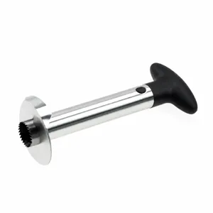 Stainless steel pineapple corer and slicer tool with T-handle for quick fruit core removal.