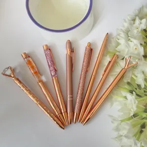 Stainless Steel Rose Gold Ballpoint Pen Set Metal Pens With Rhinestone Dried Flowers And Sequins Office Stationery