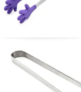 Mini Edelstahl Lebensmittelzange mit lila Silikon Handkopf für Eis und Snacks ideal.