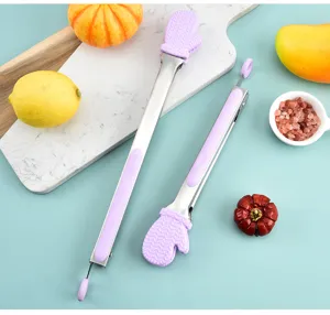 Silicone food tongs with locking mechanism, non-slip stainless steel kitchen BBQ serving tongs.