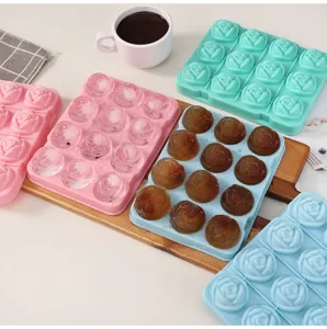 Silicone rose ice cube mold detail showing 12-cavity tray and frozen flower ice.