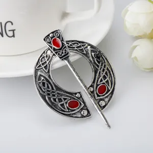 Viking Celtic pennanular brooch cloak pin with red stones, vintage medieval silver tone metal