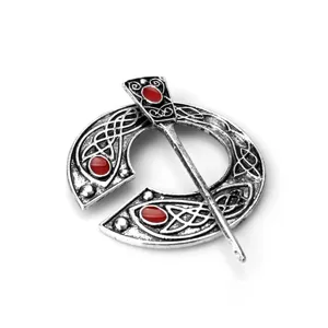 Viking Celtic knot pennanular brooch with red stone vintage silver tone metal cloak pin jewelry