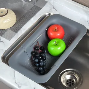 Cuisine Panier d'Égouttement en Plastique Rétractable Bassin de Lavage Évier Colander Gris Passoire de Rangement Réglable