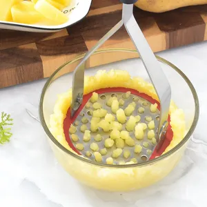 Stainless steel potato masher with silicone edge kitchen tool for mashing potatoes.