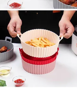 Detail view of foldable silicone air fryer basket with food, showing flexible fluted design.