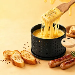 Mini kaas smelpan set met antiaanbak grillpan en houten spatel voor thuiskeuken.