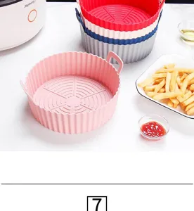 Foldable silicone air fryer liner detail view, flexible kitchen baking tray with handles.