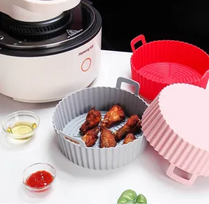 Foldable silicone air fryer basket set with handles, heat-resistant baking tray for food.