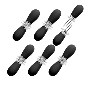 Stainless steel corn holders set of 6, dual-end BBQ corn forks with non-slip handles for kitchen.