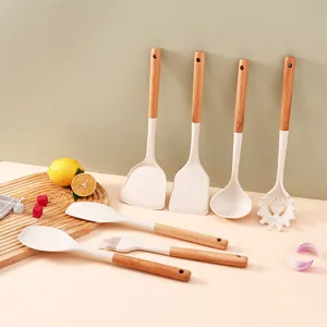 Silikon Küchenutensilien Set Buchenholz Griff Antihaft Kochwerkzeuge Pfannenwender Löffel