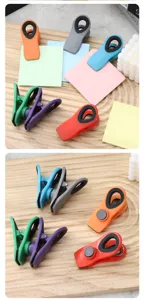 Colorful magnetic clips set for kitchen fridge sealing, snack bag closure and notes.