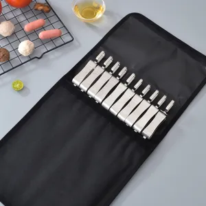 Stainless steel BBQ skewers set with black storage bag for outdoor cooking and grilling parties.