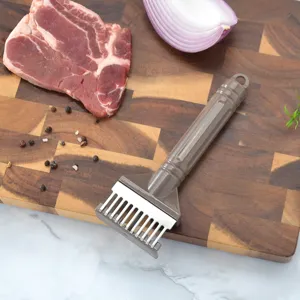 Stainless steel meat tenderizer tool with brown handle for kitchen steak cooking use.