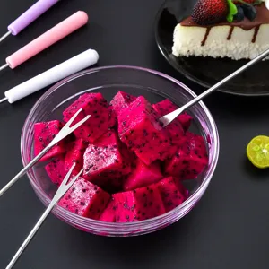 Stainless steel fruit forks with colorful plastic handles for dessert, cake and hot pot use.