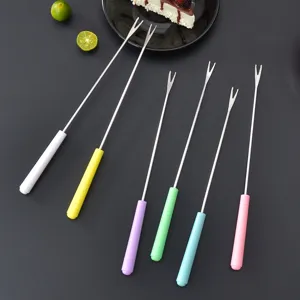 Colorful stainless steel fruit forks with plastic handles, perfect for dessert and hot pot.