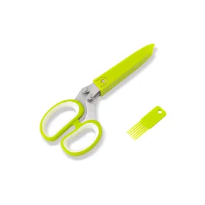 Stainless steel 5-layer kitchen herb scissors with green cover and cleaning brush for food.