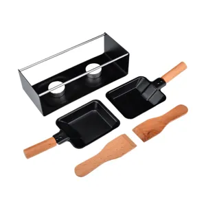 Ensemble de mini grill à raclette portable avec poignées en bois et poêles antiadhésives