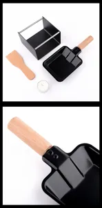 Detailed view of mini cheese raclette grill set with non-stick pan and wooden handle tools.