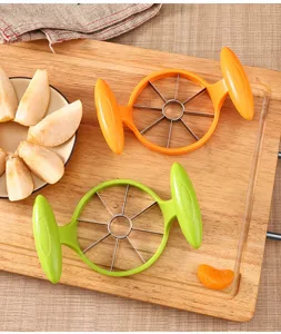 Household stainless steel apple slicer and fruit corer with 8 blade sections and ergonomic handles.