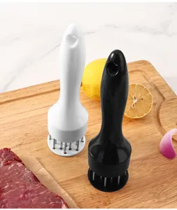 Stainless steel meat tenderizer kitchen tool with ergonomic handle for easy cooking.