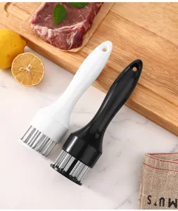 Stainless steel meat tenderizer tool with needles for juicy steaks, kitchen cooking gadget.