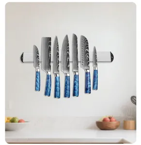 Magnetic knife holder wall mounted kitchen knife rack with resin handle damascus knives set