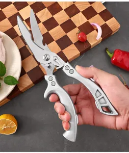 Heavy duty stainless steel kitchen shears for cutting chicken bones, meat, and food prep.