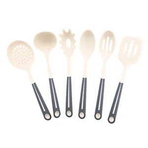 Silicone kitchen utensil set of 6 pieces with heat resistant dual color handles for cooking.