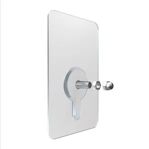 Detalle de adhesivo de pared transparente sin perforar con perno y tuerca metálica.