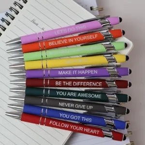 Set de 10 bolígrafos motivacionales con punta táctil y citas grabadas coloridas para oficina.