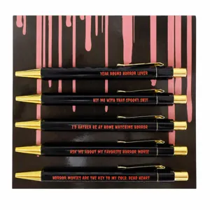 5-piece horror theme ballpoint pens set with quote design, black metal retractable pens for office.