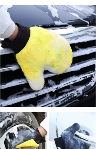 Detail view of thick coral fleece car wash glove cleaning grille and wheels safely.