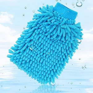 Blue Chenille Car Wash Mitt Double-Sided Waterproof Cleaning Glove Soft Microfiber Auto Care