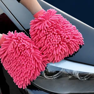 Pink chenille car wash mitt soft microfiber cleaning glove for auto detailing and washing