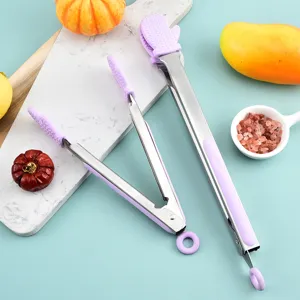 Stainless steel food tongs with purple silicone grips, non-slip BBQ kitchen tool.