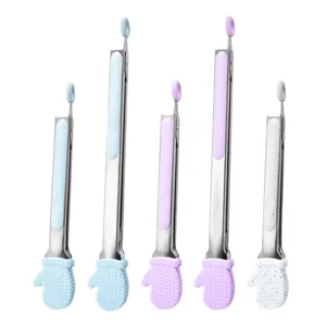 Stainless steel food tongs with cute silicone glove heads, locking kitchen BBQ tongs for cooking.