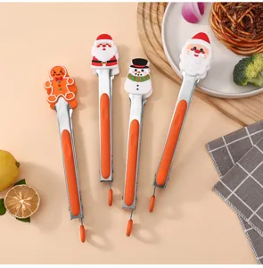 Christmas silicone food tongs stainless steel BBQ kitchen cooking bread food clip set