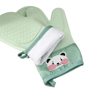Thickened silicone oven mitts with cute bear design, heat resistant kitchen gloves for baking.