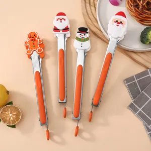 Stainless Steel Silicone Food Tongs Christmas Gingerbread Man Santa Claus Snowman BBQ Steak Tongs Kitchen Cooking Tool