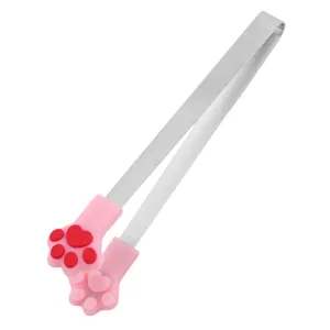 Stainless steel ice tongs with cute pink silicone cat paw grip for sugar and snacks.