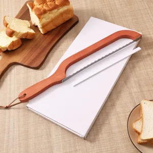 Wooden handle bread knife with serrated blade for kitchen slicing and cutting toast easily.
