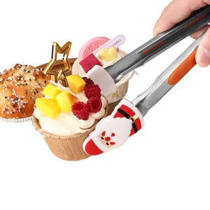 Stainless steel food tongs with cute silicone tips, perfect for BBQ, baking, and kitchen use.