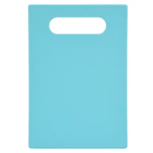 Light blue plastic cutting board with handle hole, anti-slip kitchen tool for food prep.