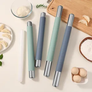 Stainless steel silicone rolling pin set for baking dough and kitchen food preparation.